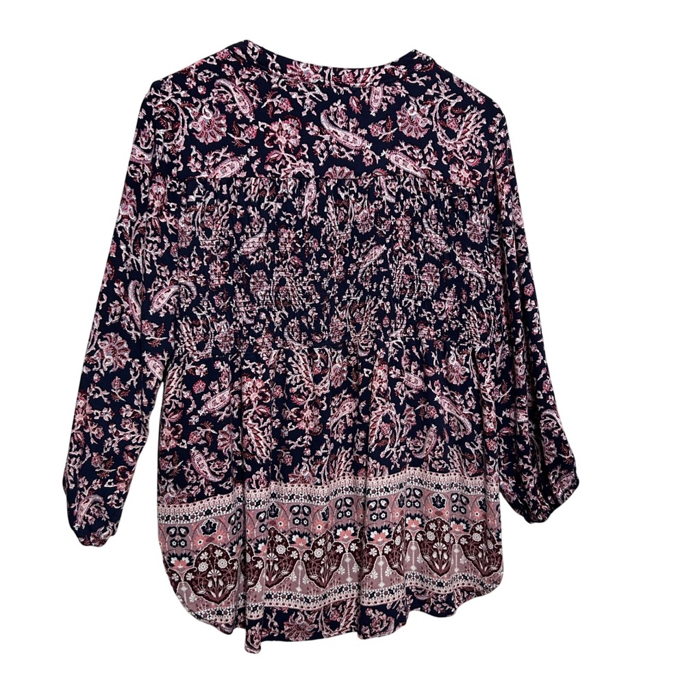 Knox Rose Women Babydoll Peasant Top XL Navy Pink Paisley Smocked Button Front - Picture 2 of 9